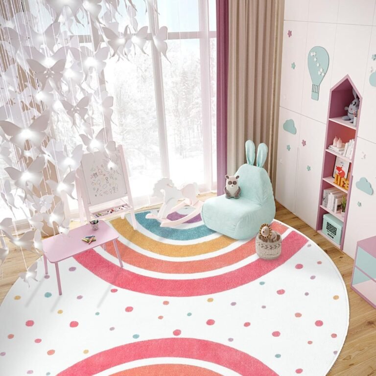 Kids Round Rug Cute Colorful Rainbow Washable Playroom Rugs Soft Non-Slip Nursery Classroom Rug Large Circle Carpet for Kids Bedroom Playroom Study Room Decor (Red, 7 Ft Round)