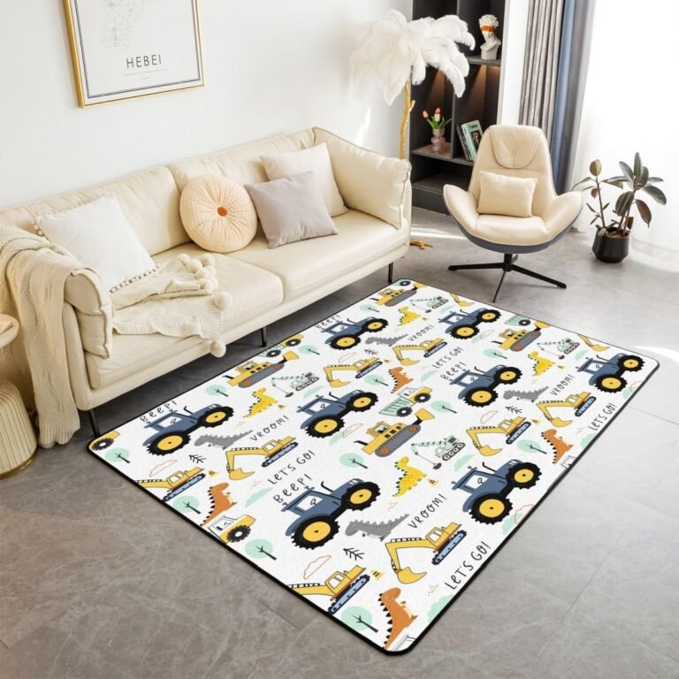 Boys Cartoon Car Non Slip Rug 5×7, Kids Construction Vehicles Area Rugs for Child Toddler Teens, Dinosaur Carpet Non Shedding, Tractor Machinery Excavator Indoor Floor Mat, Trucks Cars Accent Rug Set