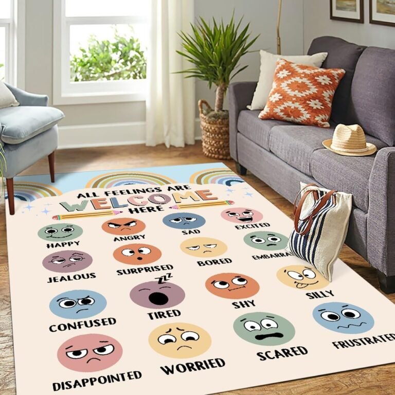 Feelings Chart Rug, Mental Health Carpet, Classroom Elementary ABC Floor Mat Anti-Skid for School & Learning Area, Student Playroom Decor (3x5ft)