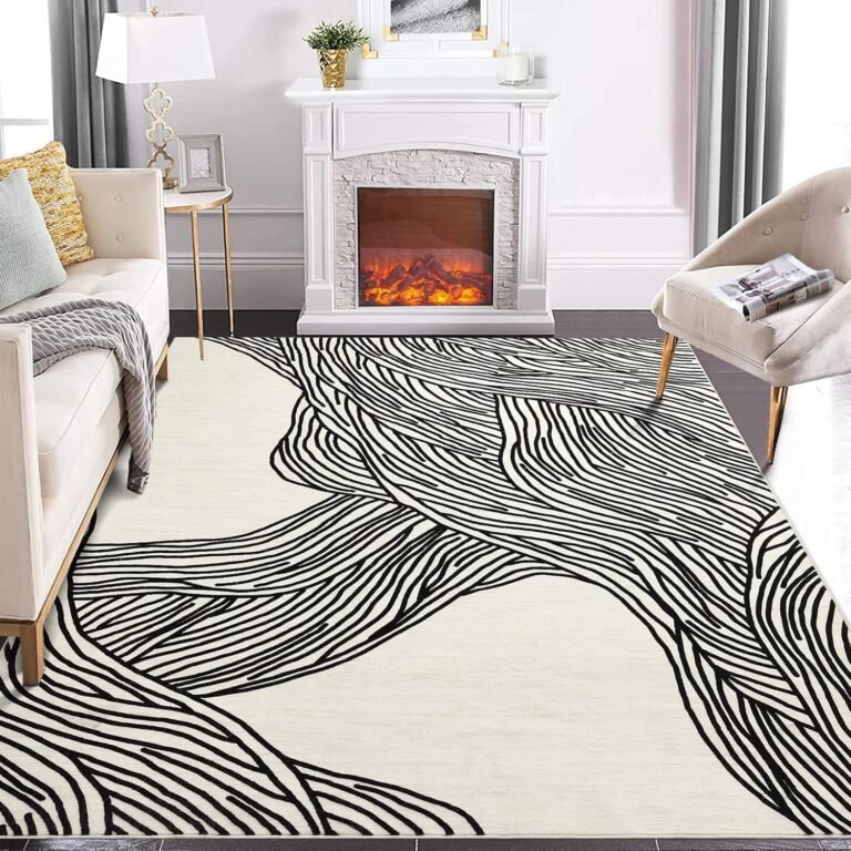 IMINROME 5×7 Washable Area Rug Non Slip Non Shedding Rug Modern Contemporary Striped Rugs Low Pile Foldable Stain Resistant Indoor Carpet for Living Room Bedroom Study Room, Black White/ 5’× 7′