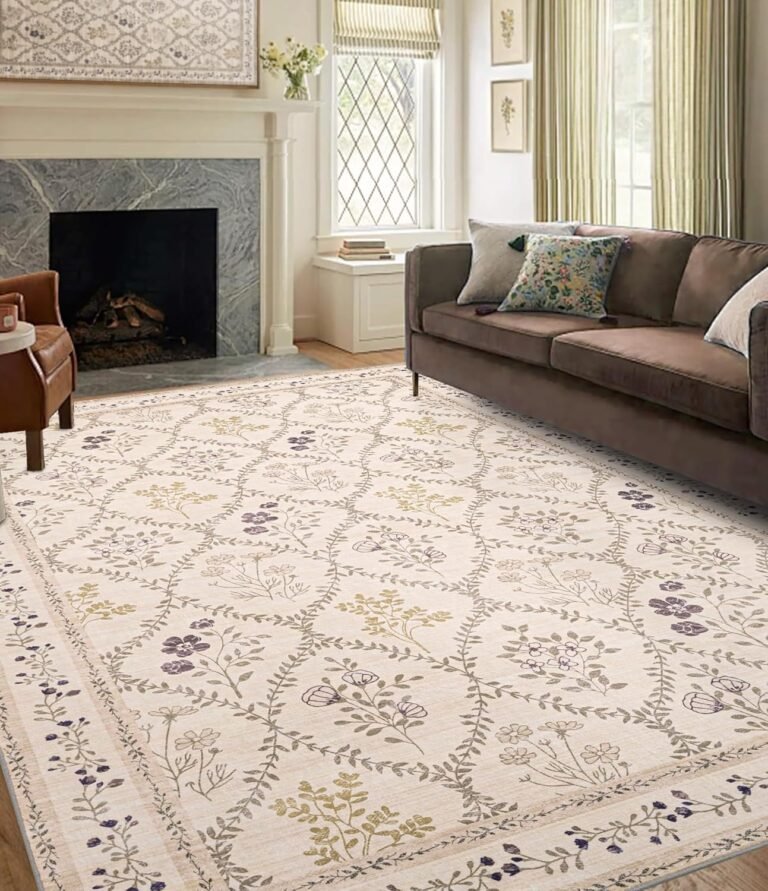 YIHOUSE 8×10 Washable Rug for Living Room, Beige Floral Rugs for Bedroom Boho Area Rug Non Slip Ultra-Thin Large Rug for Kids Playroom, Classroom, Girls Dorm, Nursery, Beige Multi