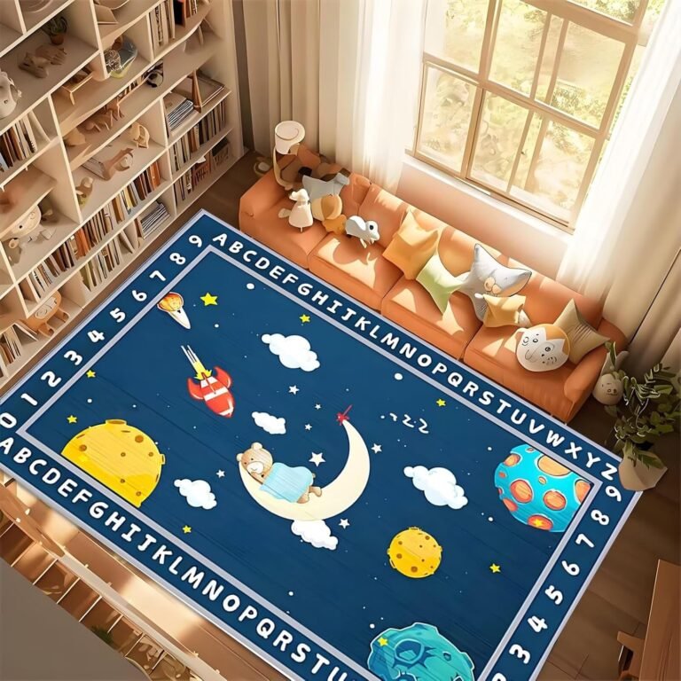 Dark Blue Cartoon Letters Kids Play Mat ABC Alphabet Solar System Outer Space Area Rug for Boy’s Bedroom Study Room Playroom,4x6ft