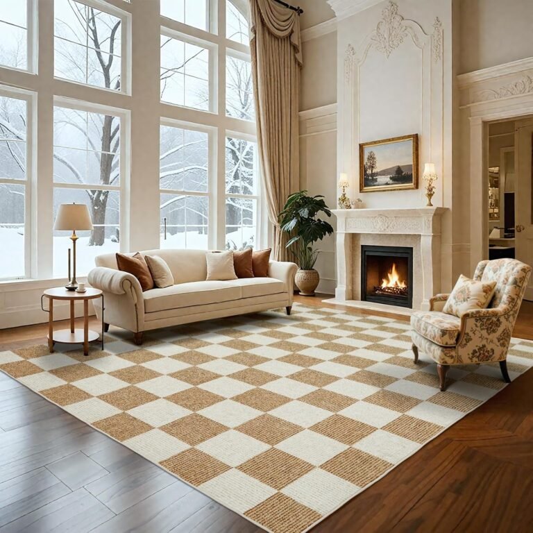 Washable Rug 8×10 Checkered Rug, Beige and White Area Rug, Boho Large Rugs for Living Room, Low Pile Lightweight Indoor Carpet with Non-Slip Backing for Bedroom Classroom Playroom Kids