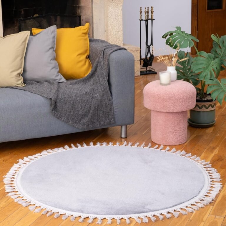 Dekorist Machine Washable Fluffy Rug, Bedroom Rug, Soft and Cozy Area Rugs, Rugs for Bedroom, Anti Slip Living Room Rugs, Kitchen Room Bathroom, 47″ (4×4 feet) Light Gray