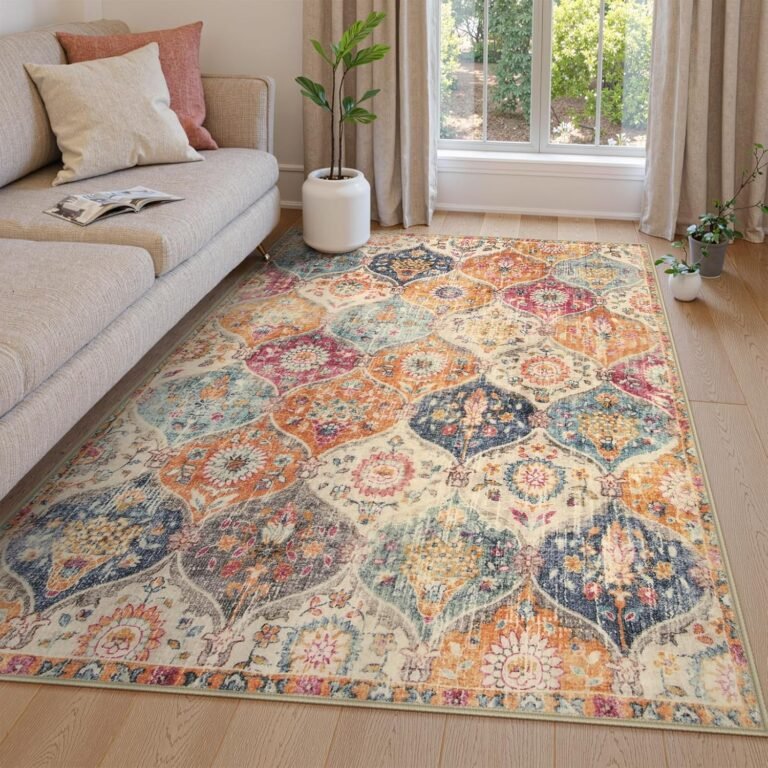 Lahome Moroccan Trellis Washable Area Rugs 5×7, 5×7 Area Rugs for Living Room Bedroom, Indoor Non-Slip Large Oriental Accent Throw Carpet for Kitchen Entryway Bathroom Office, Cream/Multi