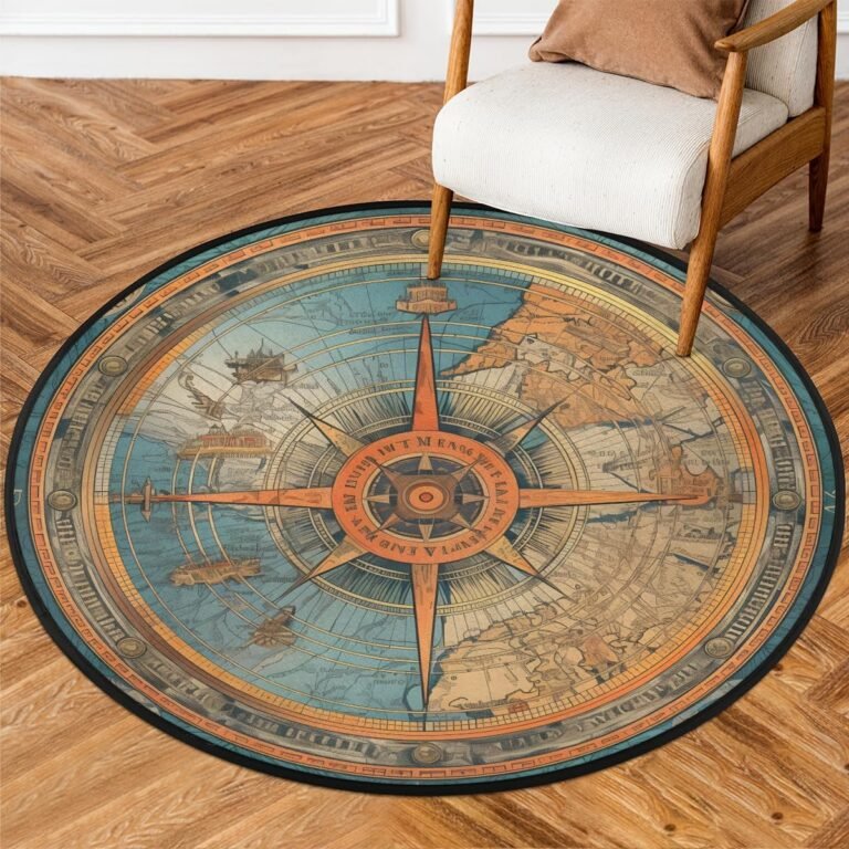 Nautical Compass Round Area Rug, Vintage Compass Painted Non-Slip Circle Rug for Bedroom Living Room Outdoor Study Playing Floor Mat Carpet, 3′ Diameter