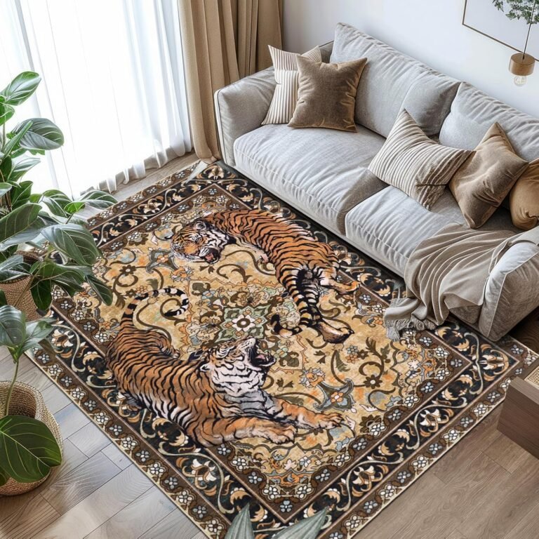 Tiger Washable Area Rugs 5x7Ft, Boho Jungle Rugs for Living Room Bedroom, Soft Low Pile Botanical Nursery Dining Room Area Floor Carpets for Dorm Kids Playroom Study Farmhouse, Camel/Coffee