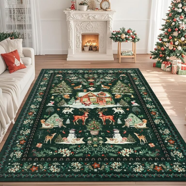 Christmas Washable Rugs 5x7Ft for Living Room, Soft Green Xmas Tree Bedroom Area Rugs, Boho Floral Animal Print Holiday Nursery Area Floor Carpets for Dining Room Kids Playroom New Year Decor