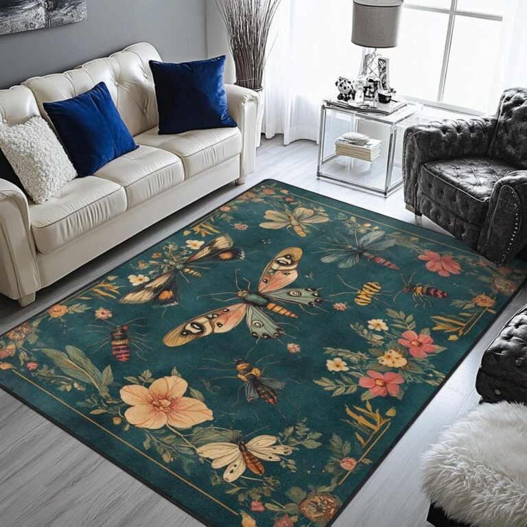 keepcute Floral Area Rug 5×7 ft Non-Slip Dark Teal Rug Carpets Colorful Moths Floor Carpet Decor for Living Room Bedroom Living Room Study Carpet