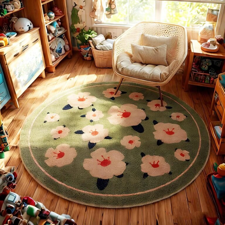 Round Green Floral Area Rugs for Girls Bedroom Study Room Boho Flowers Circular Rug Soft Cozy Carpet Bedside Mats,5’3″
