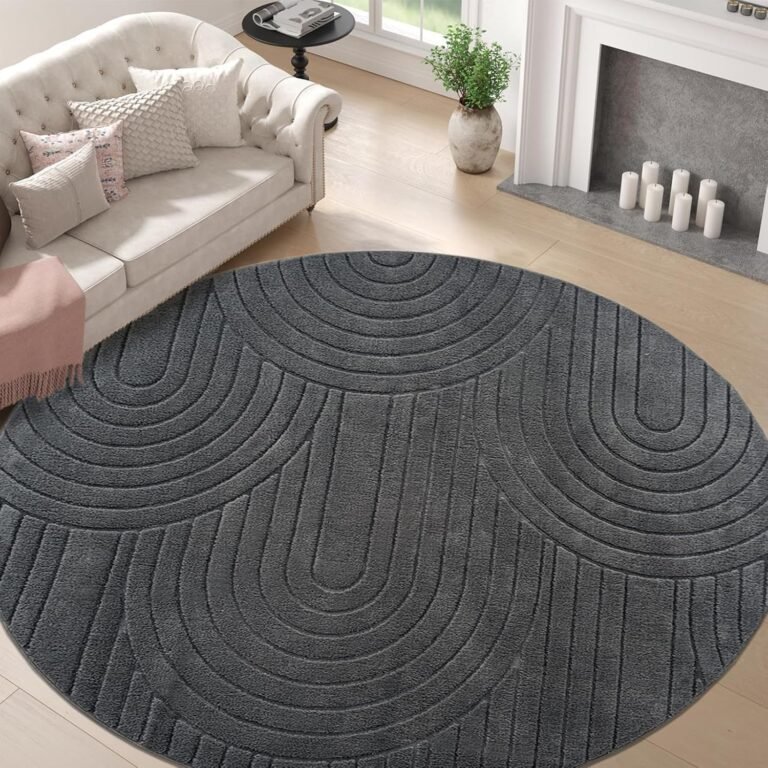 ABREEZE Grey Curved Stripe Rug Imitation Cashmere Material Soft Fluffy Non-Slip Washable Long and Short Pile 3D Effect Round Area Rug, Bedroom, Living Room, Study, Office,63″x63″