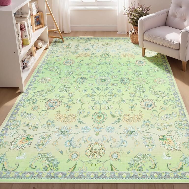 Joydeco Floral Sage Green Kids Rugs for Bedroom, Washable 5×7 Living Room Area Rug, Boho Dining Room Rugs for Under Table, Non Slip Soft Indoor Throw Carpet for Playroom Dorm Classroom