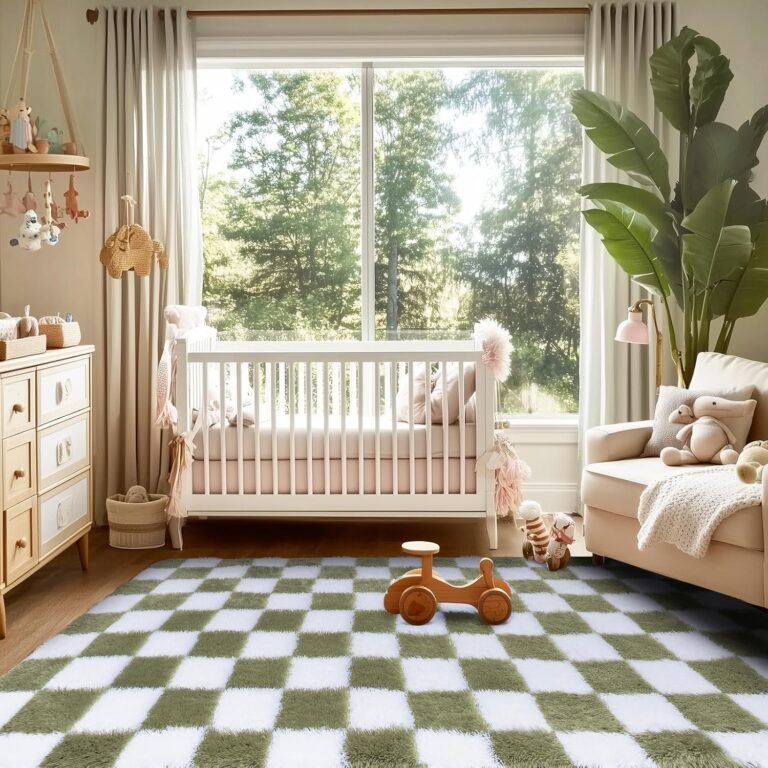 Ecoshag Soft Rugs for Living Room, 4×6 Ft Green and White Checkered Fluffy Shaggy Rugs for Indoor Use, High Pile Ultra Fuzzy Rug for Bedroom Kids Nursery Rooms,Home Decor Aesthetic