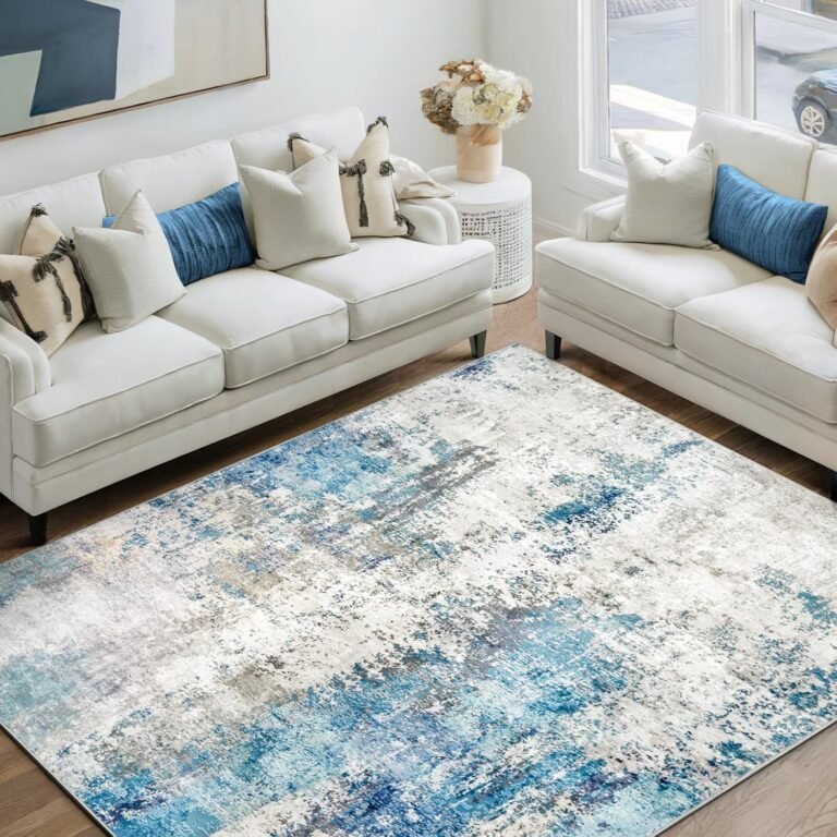 Washable Area Rug 5×7 – Neutral Modern Abstract Rugs, Soft Non Slip Thin Carpet with for Bedroom, Under Dining Room Table, Home, Office, Dorm, Office Rolling Chair – Blue Gray