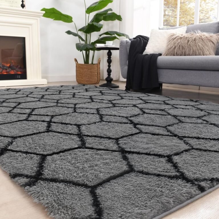 5×7 Area Rug for Living Room, Grey and Black Fluffy Rug for Bedroom, Geometric Shag Soft Carpet for Kids Home Decor Aesthetic, Non Slip Plush Shaggy Floor Mat for Teen Nursery Playroom Dorm