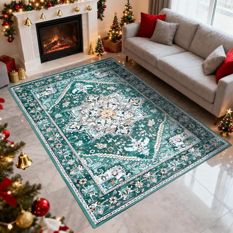 Vintage Soft Faux Wool Rug, Bohemian Floral Pattern Carpet, Suitable for Living Room, Bedroom, Study, Soft Non-Slip Easy-to-Clean Rug for Home Decoration (Cyan,5X8)