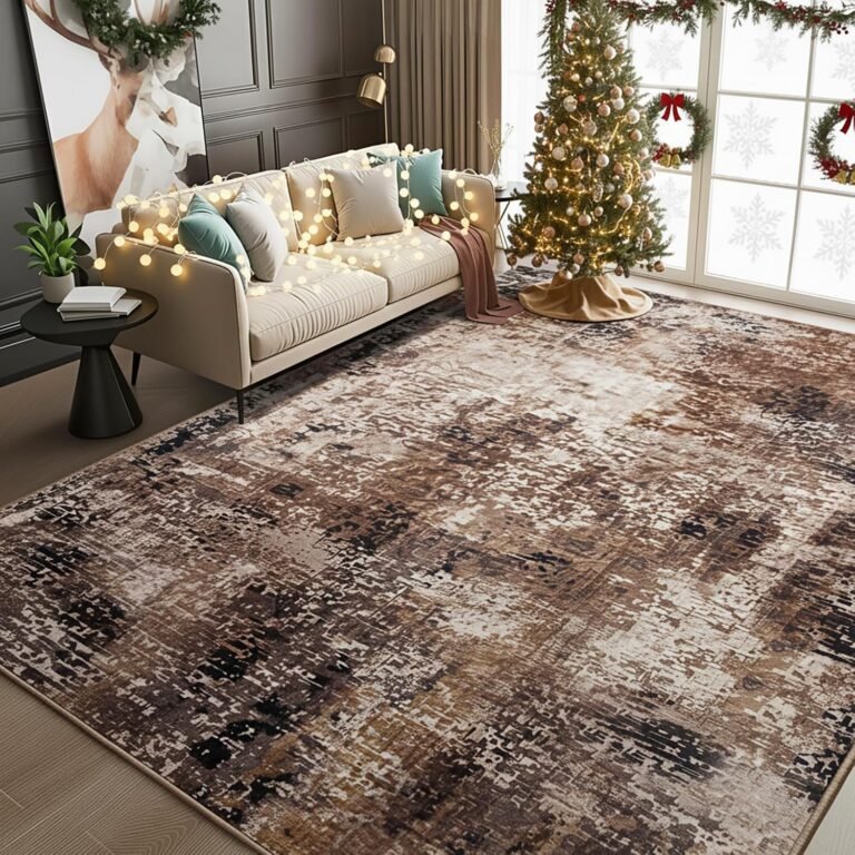 Merelax 8×10 Washable Brown Red Area Rug for Living Room, Non-Slip Backing Modern Abstract Large Rugs, Stain Resistant Low Pile Carpet for Bedroom, Dining Room, Home Office Decor