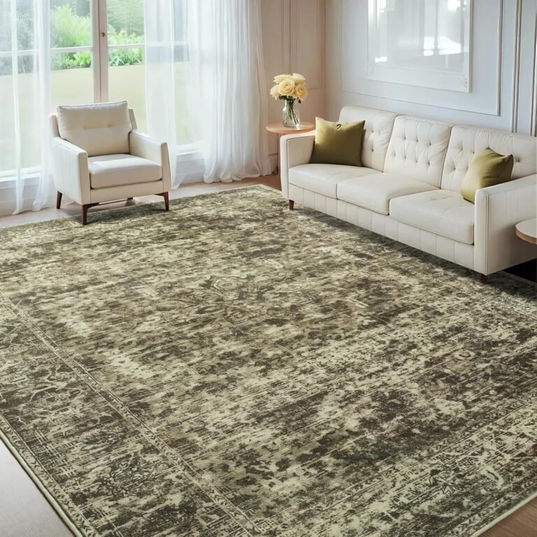 Unirea 5×7 Area Rugs for Living Room Bedroom, Washable Light Brown Non Slip Low Pile Vintage Area Rug, Large Boho Abstract Soft Carpet, Indoor Rugs for Dining Room Study Office Kids Room