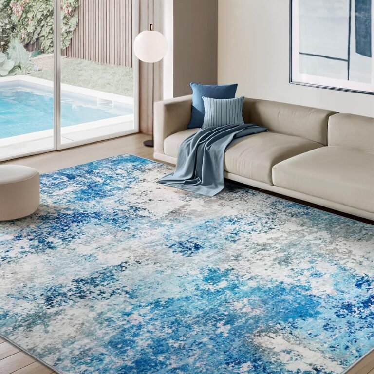 8×10 Area Rugs Living Room Rug – Washable Neutral Modern Abstract Large No Slip Soft Thin Rug Indoor Floor Carpet for Bedroom Under Dining Table Home Office Nursery Room – Blue White