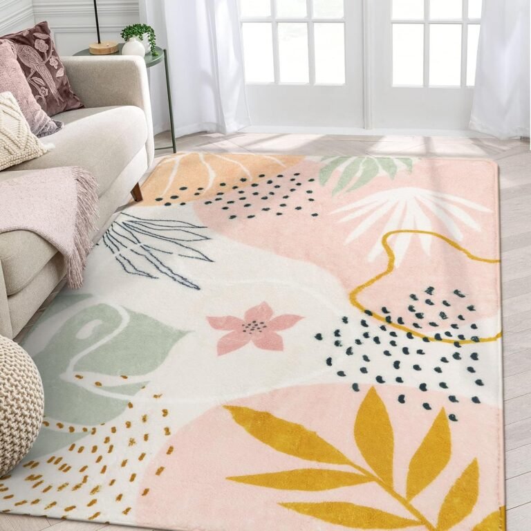 Lahome Pink Rug for Living Room – 5×7 Area Rug Washable Non-Slip Boho Rugs for Bedroom Throw Cute Soft Kids Nursery Rug, Abstract Botanical Print Carpet for Classroom Dorm Entryway Office Dining Room