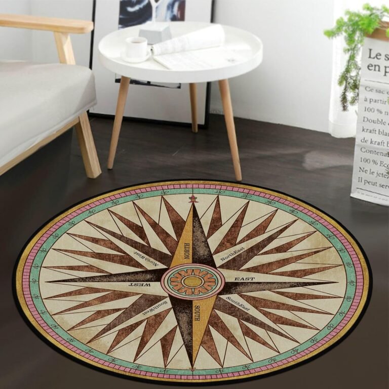 keepcute Vintage Compass Area Rug Doormat Nautical Theme Non-Slip Floor Mat Round Rug Carpet for Bedroom Living Room Study Playing Carpet, 3′ Diameter