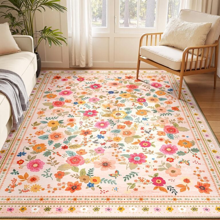 5×7 Area Rugs for Living Room Vacuum-Friendly Machine Washable Area Rug Flower Floral Printed Pattern Low Pile Non-Slip Carpet for Bedroom Hallway Entryway, Pink Beige