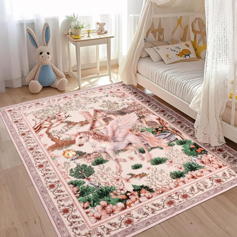Pink Washable Area Rugs 5x7ft, Unicorn Animal Print Living Room Bedroom Rugs Soft, Floral Botanical Kids Girls Nursey Playroom Floor Carpets for Dining Room Farmhouse Study Home Office Decor