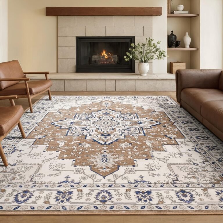 Rugflix 8×10 Area Rug for Living Room, Vintage Washable Area Rug Non Slip Backing Low Pile, Floral Soft Foldable Carpet for Bedroom Dining Room, Brown/Beige