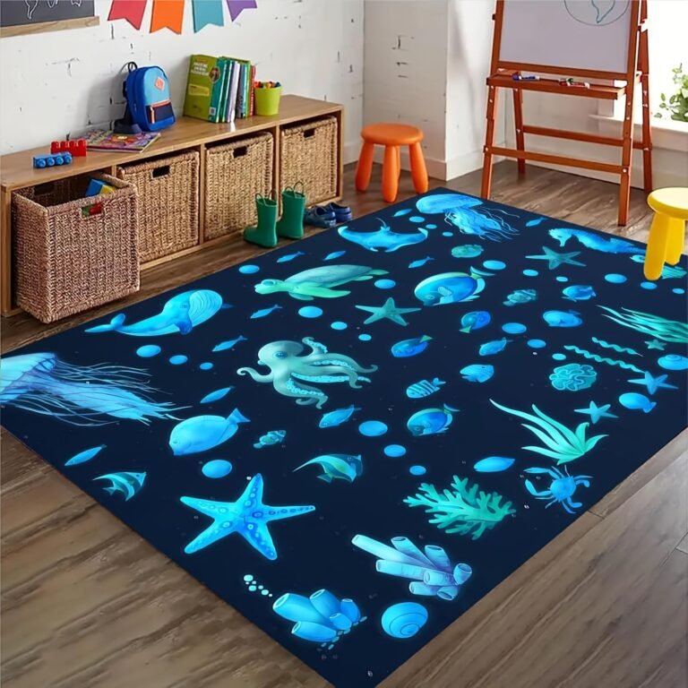 Marine Animal Area Rug, 3x4ft, Sea World Whale Starfish Octopus Kids Rugs, Washable Rubber Backed Anti-Slip Mat, Durable Cozy Breathable Floor Decor Throw Rug for Study Room Entryway