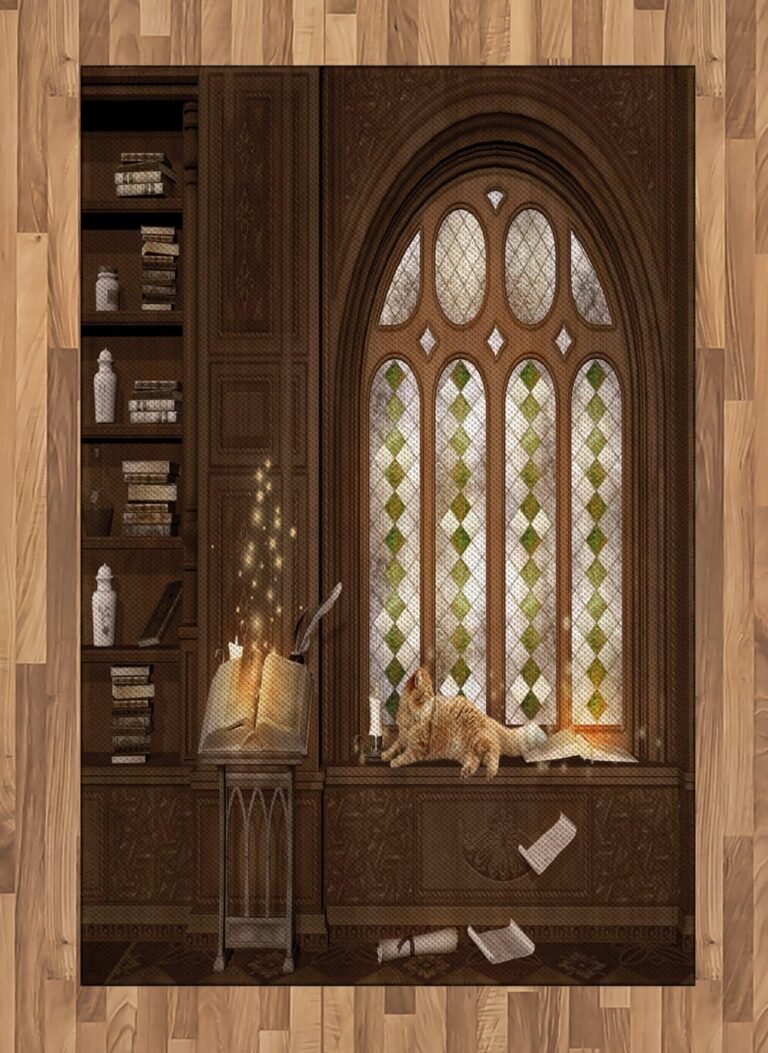 Ambesonne Gothic Area Rug, Room for Study in The Medieval Library with Cat Sleeping on The Window Antique Mansion, Flat Woven Accent Rug for Living Room Bedroom Dining Room, 4′ X 5′ 7″, Taupe