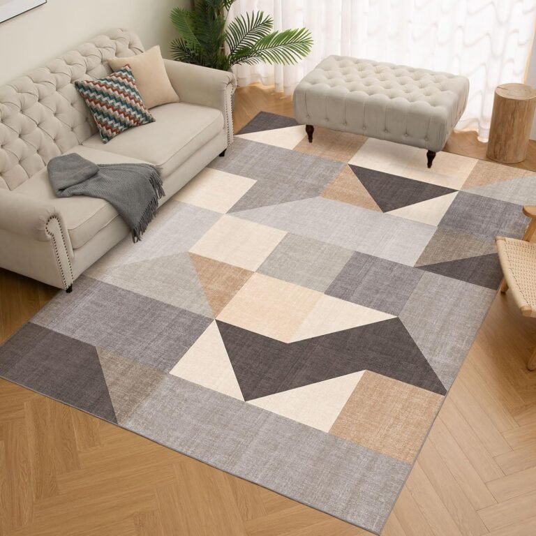HOMFINE Washable Modern Area Rug – Geometric Style 5×7 Rugs for Living Room, Bedroom, Machine Washable Rug Soft Non Slip Non Shedding Area Rug – Grey Brown, 5’x7′