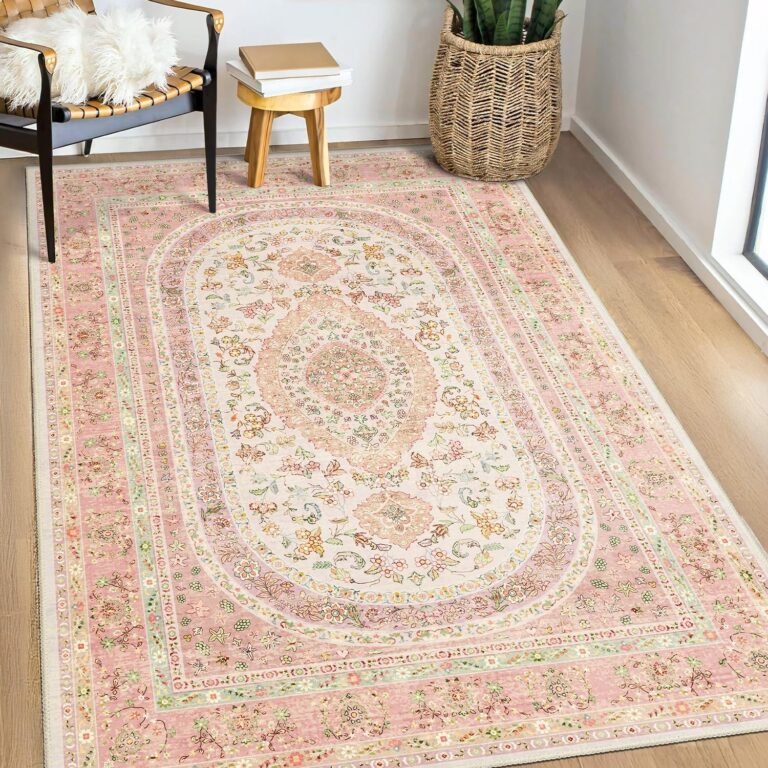 Pink Rug 3×5,Boho Washable Area Rugs for Bedroom Living Room Kitchen Entryway,Small Vintage Distressed Farmhouse Non Slip Carpet,Blush Floral