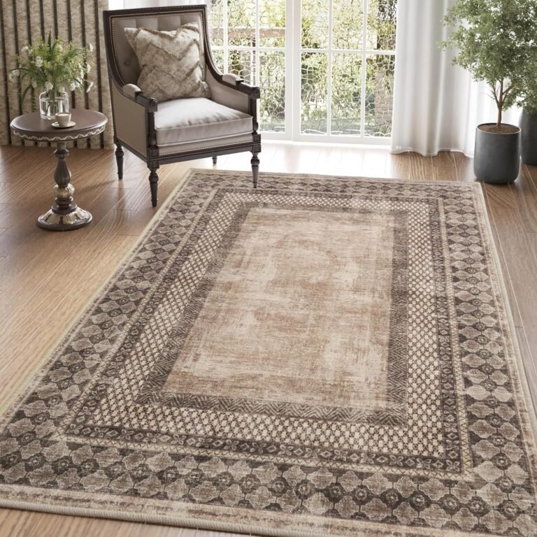 NICETOWN Machine Washable Faux Wool Rugs – 4×6 Area Rugs Ultra-Thin Carpet for Office, Study, Living Room Entryway with Non-Slip Backing, Distressed Large Carpet for Dining Room, Brown
