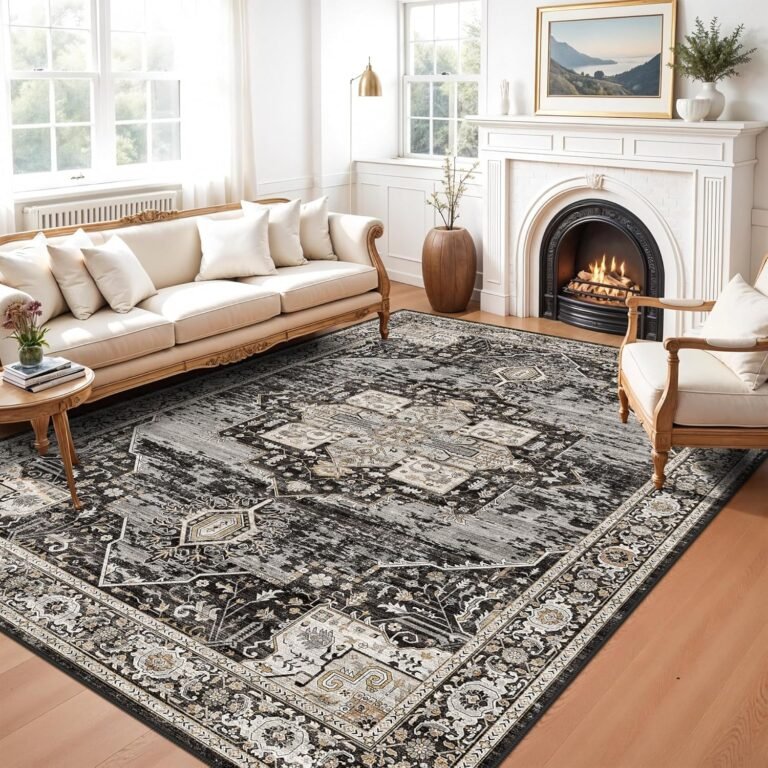 RUUGME Washable 6×8 Oriental Area Rug – Soft Stain Resistant Rugs for Living Room Bedroom Non Slip Low Pile Carpets for Dining Room Non-Shedding Home Decor Mat for Bathroom Study Room 6×8 Black