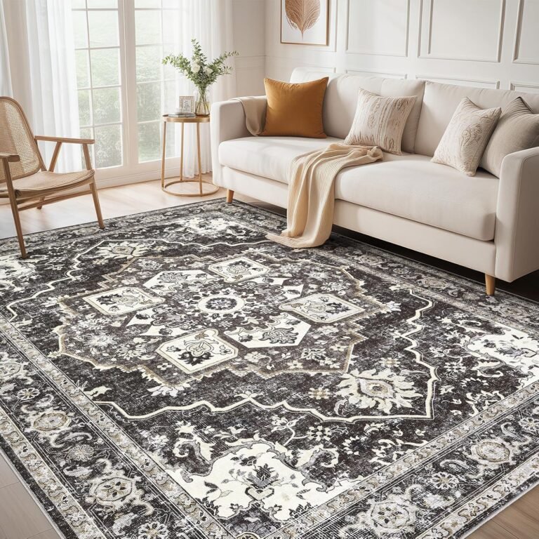 Area Rug for Living Room: 6×9 Washable Vintage Neutral Soft Non Slip Thin Large Floor Carpet for Bedroom Kitchen Dining Room Home Office Farmhouse Indoor – Black