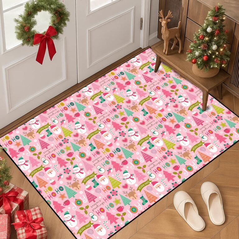 Pink Christmas Small Rug: 2×3 Feet Merry Xmas Santa Claus Entryway Doormat Cute Snowman Pine Tree Holiday Floor Carpet Washable Area Rug for Bedroom Front Door Patio Kitchen