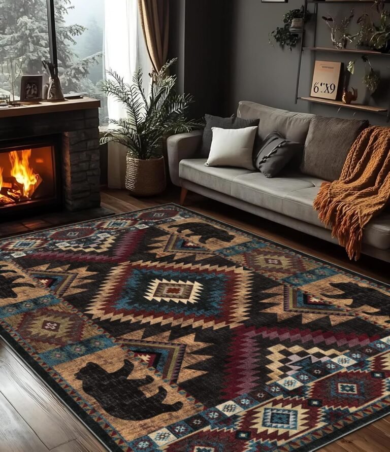 YIHOUSE Rustic Cabin Area Rug for Bedroom 5×7,Machine Washable Lodge Bear Rug,Non-Slip Low Pile Print Pattern Western Rug for Living Room