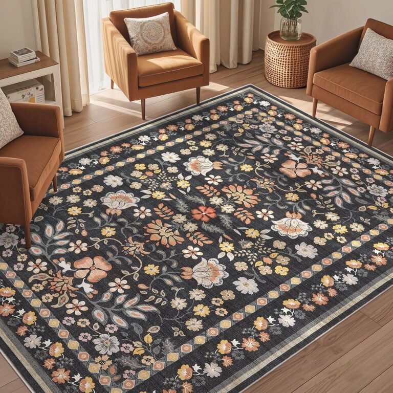 5×7 Area Rug Living Room Rugs – Washable Boho Vintage Floral Large Soft Non Slip Thin Rug Low Pile Carpet for Bedroom Dining Room Kids Playroom Office Decor Indoor- Black Grey