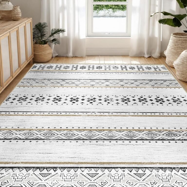 BESTSWEETIE 5×7 Area Rugs for Living Room Washable Moroccan Farmhouse Neutral Geometric Low Pile Non-Slip Soft Print Pattern Rug for Bedroom Kitchen Dining Room Entryway Black/Brown