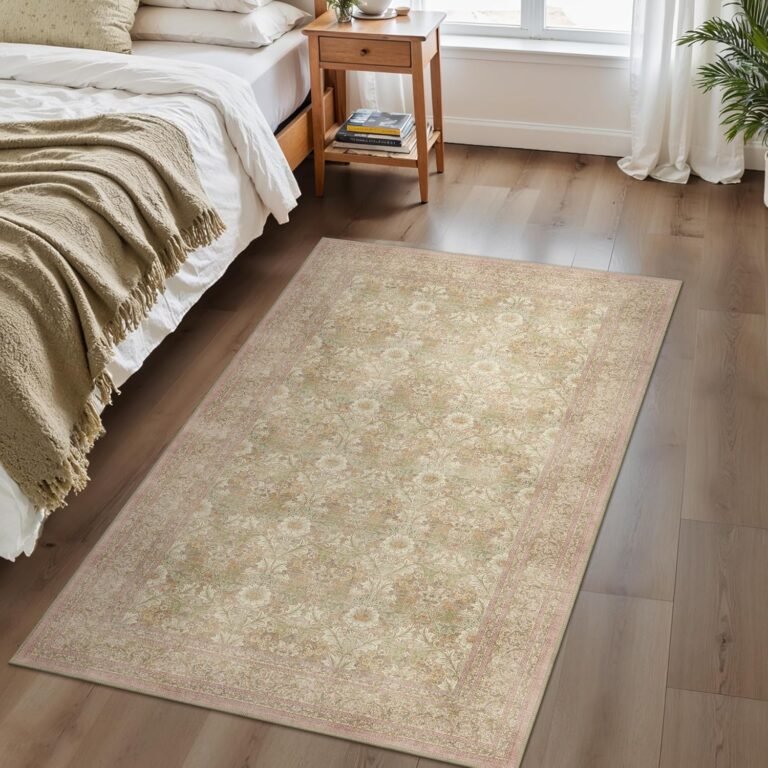 Bavni 4×6 Vintage Floral Rug, Washable Non Slip Area Rug for Entryway, Bedroom, Kitchen or Living Room, Low Pile Carpet, Brown Pink