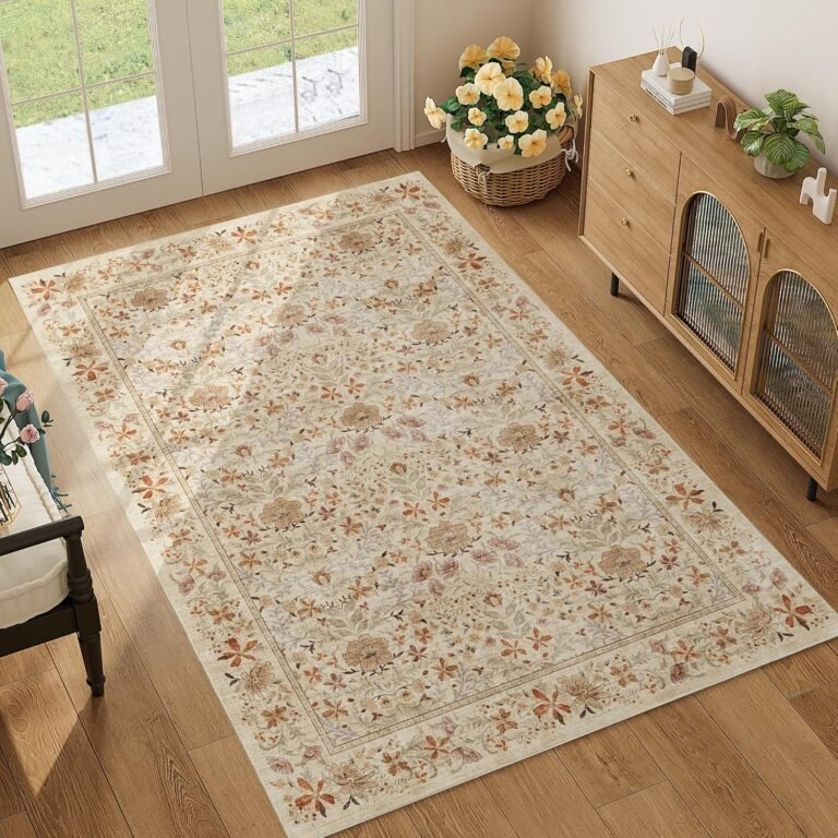 DUKINO 4×6 Rugs for Living Room, Lightweight Non Slip Washable Rug with Low Pile Design, Vintage Floral Non-Shedding Soft Carpet for Living Room, Bedroom, Farmhouse, Office, Bathroom, Beige