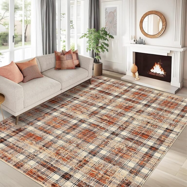 IMINROME 5×7 Machine Washable Area Rug Modern Print Decorative Plaid Rug with Rubber Backing Low Pile Irregular Plaid Rugs Foldable Carpet for Living Room Bedroom Study Room, Orange Brown/ 5’× 7′