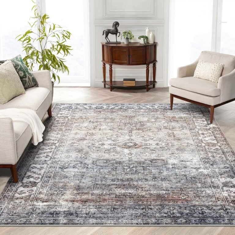 vivorug 8×10 Area Rugs – Ultra-Thin Washable Rug with Non-Slip Backing, Ideal for Living Room, Bedroom, Kitchen Floor Carpet – Vintage Style, Easy Clean, Durable, Low Pile Rug (Taupe/Stone)
