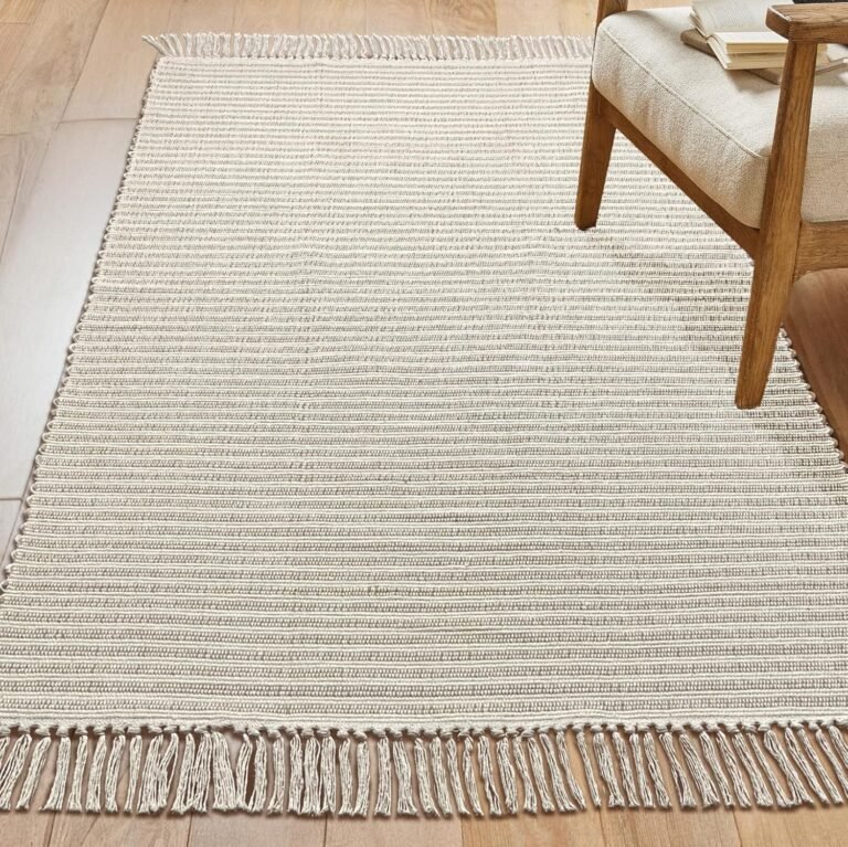 Chardin home Beige & Ivory Providence Area Rug 4×6 feet |Hand Woven Farmhouse Rug with Hand Knotted Fringes | Great in Kitchens bathrooms Living Rooms Bedroom Study | Reversible Cotton Rug