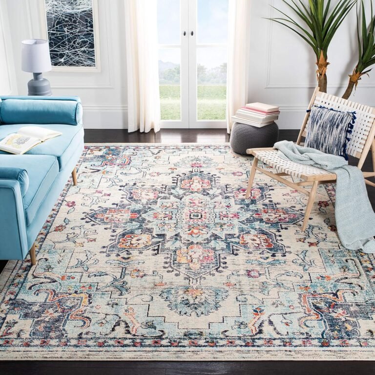SAFAVIEH Madison Collection Area Rug – 8′ Square, Cream & Blue, Boho Chic Medallion Distressed Design, Non-Shedding & Easy Care, Ideal for High Traffic Areas in Living Room, Bedroom (MAD473B)