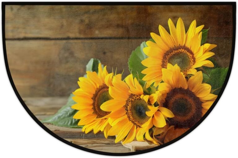 cfpolar Half Round Door Mat Wood Sunflower Flower Floral Non-Slip Semi Circle Area Rug Washable Half Moon Hearth Rugs for Indoor Outdoor Bathroom Kitchen Patio Runner Mat Laundry Room Home Decoration
