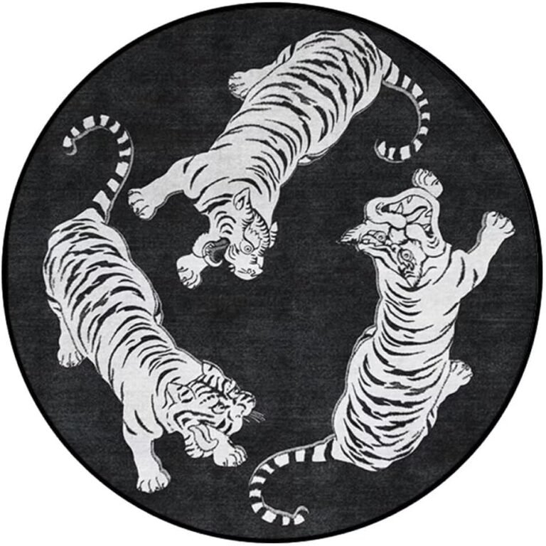 Round Tiger Rug Diameter 3 Feet Black&White Circular Animal Printed Area Rugs Washable Soft Non-Slip Floor Mat for Bedroom Office Kids Room Decor