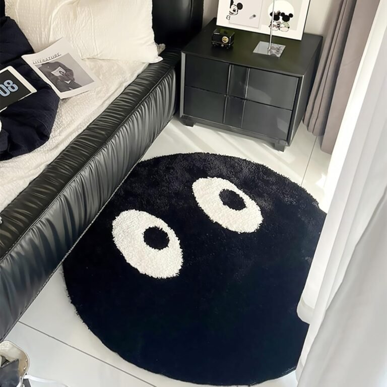 LEVINIS Funny Round Rug, Black and White Area Rugs Cute Eyes Bedroom Bedside Rug Shaggy Non-Slip Flocking Accent Floor Rug for Living Room, Kids Room, Office, Home Décor Rug 40″