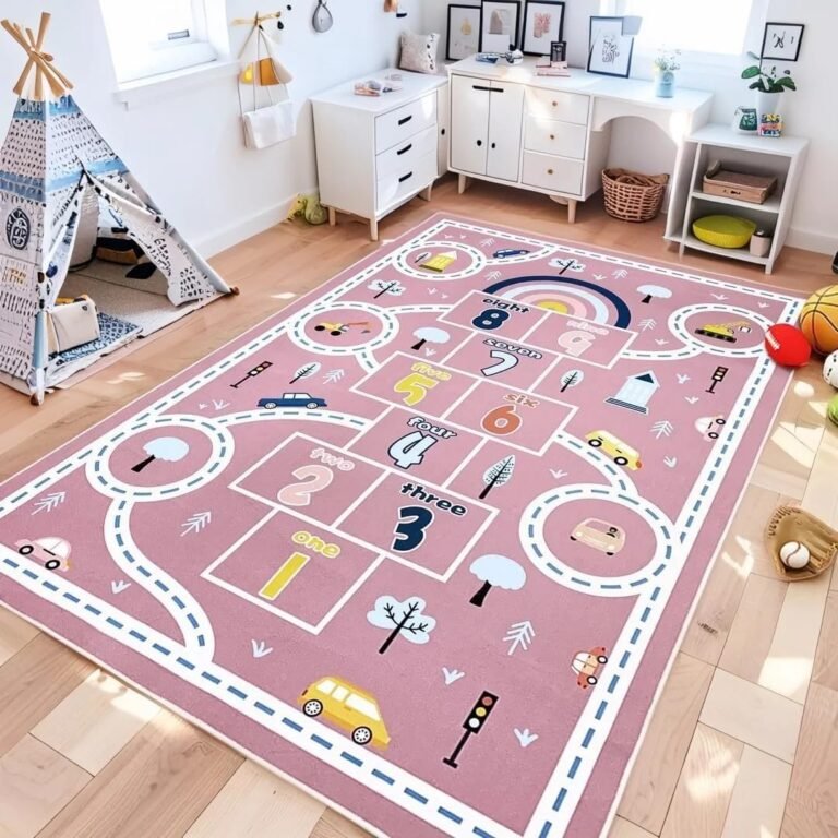 Play Mat Area Rug 5’x8′ Pink, Extra Large Hopscotch Carpet for Kids Girls Bedroom Soft Classroom Rug Educational Learning Rug Children Rug