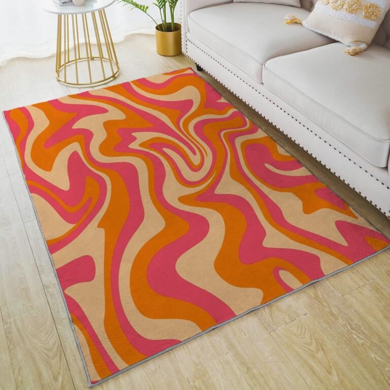HUXJOKO Area Rug Retro Orange and Pink Funky Swirl Home Decor Non-Slip Rugs Machine Washable Doormat Carpet Mat for Living Room Bedroom Kitchen Kindergarten Room Classroom,5′ x 7′